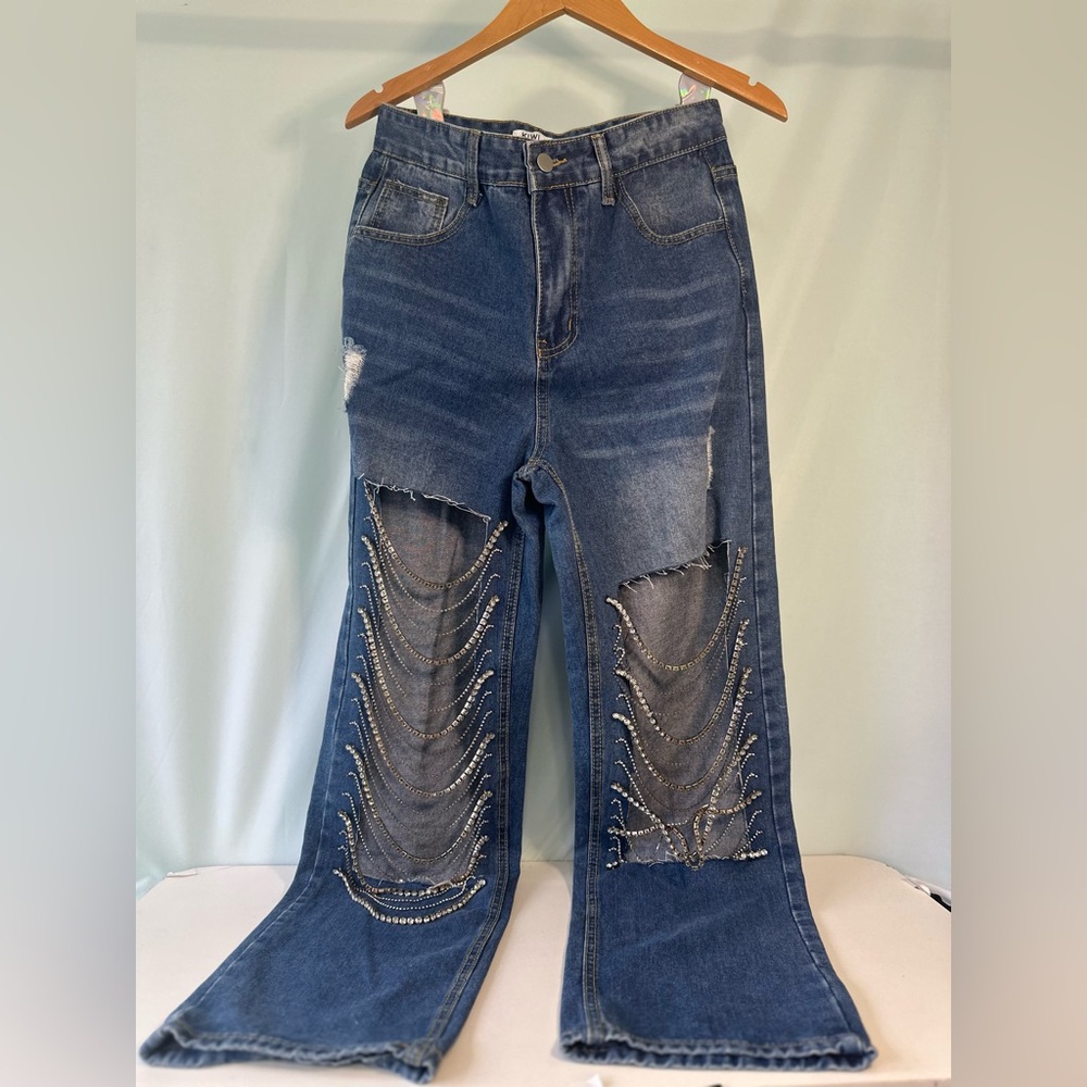 Chic Blue Flare Jeans with Chain Accents